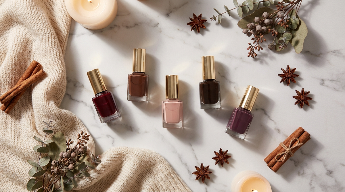 Coleção de esmaltes em tons de inverno 2026: vinho, chocolate, nude, marrom e café dispostos em flat lay com elementos aconchegantes