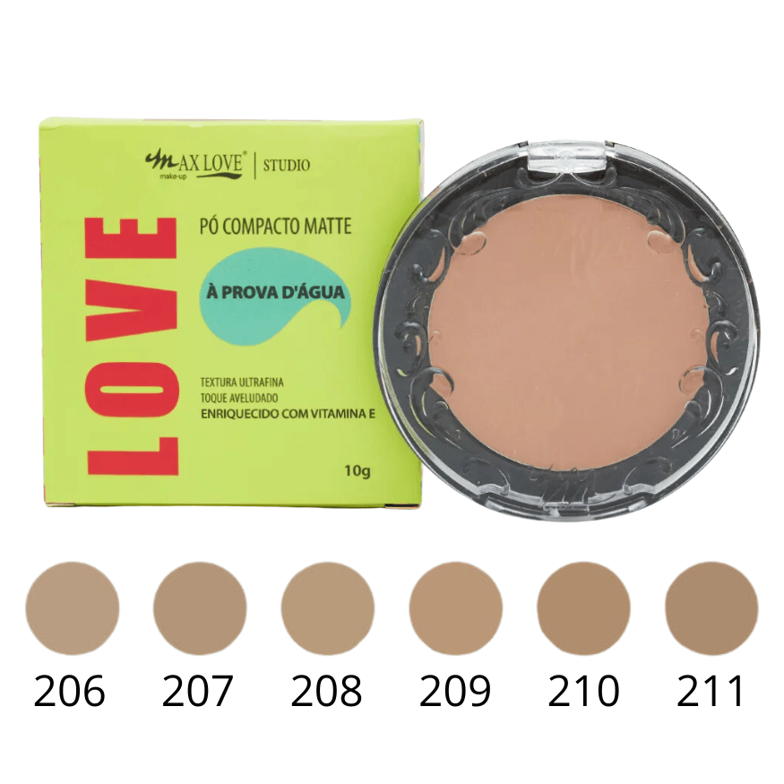 Pó Compacto À Prova D'Água Tons Médios 206 a 211 Max Love